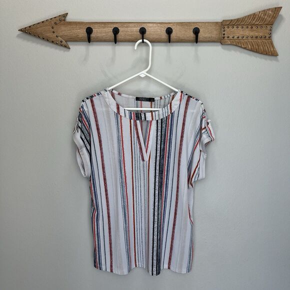 Cure Tops - Cure | Keyhole Striped Short Sleeve Top Blouse Blue Red Stretch Size Large